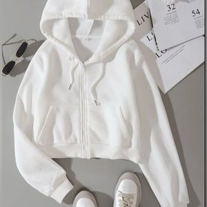 White Cropped Thermal Zip Up Hoodie